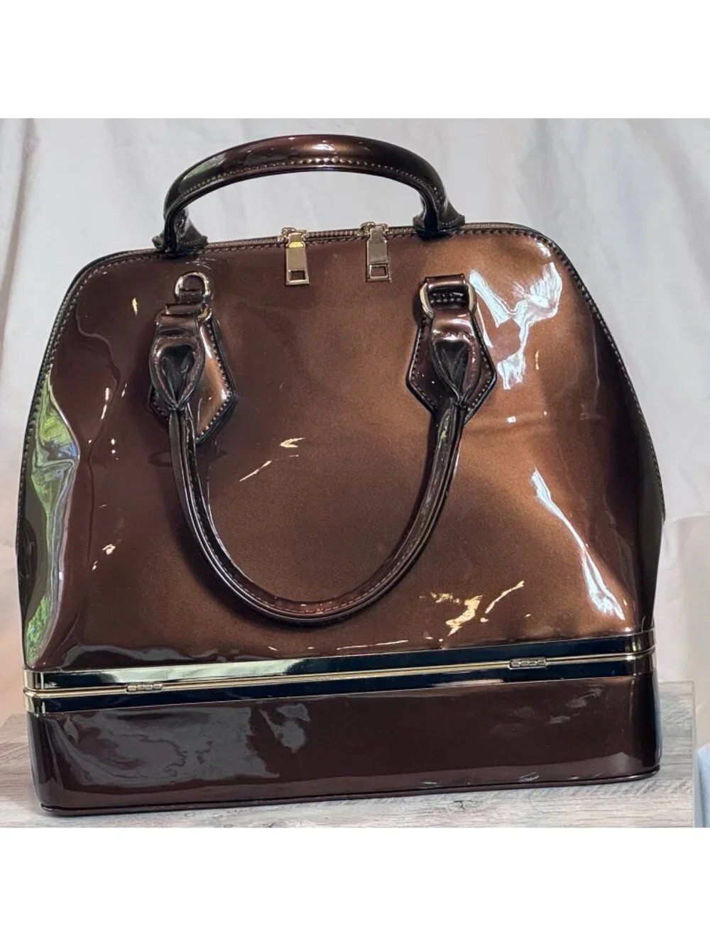 Brown Patent Leather Doctor Satchel Structured Top Handle Vintage Style Handbag